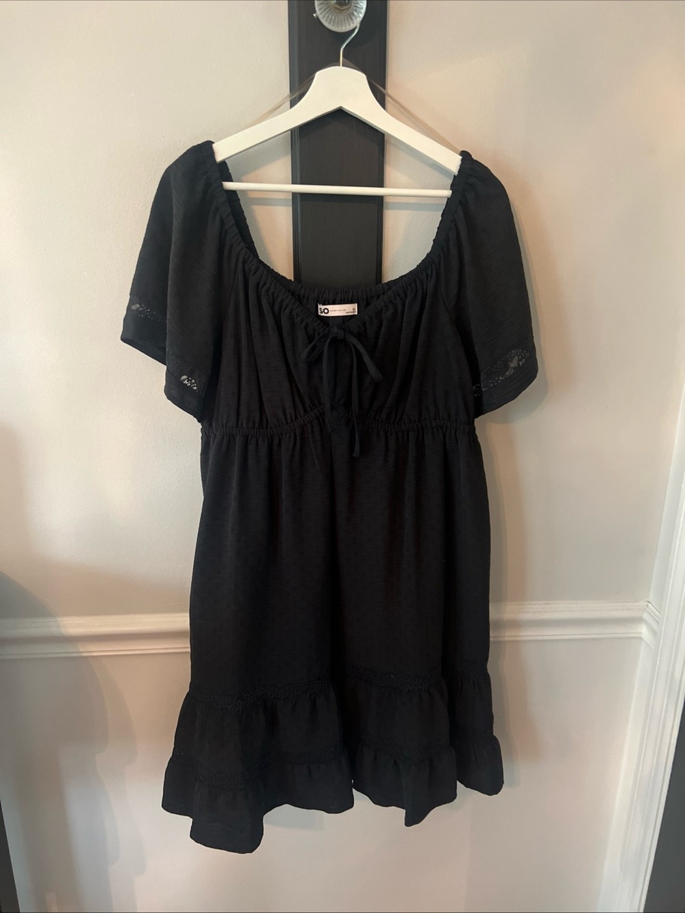 SO Black Short Puff Sleeve Mini Dress with Tie Neck